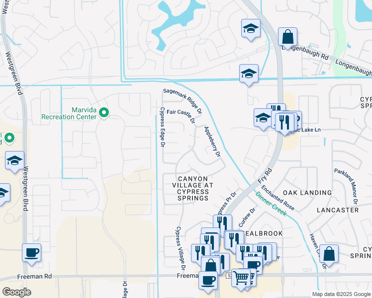 map of restaurants, bars, coffee shops, grocery stores, and more near 7607 Hillsdale Park Court in Cypress
