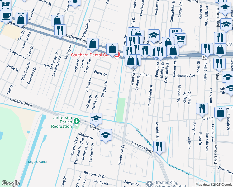 map of restaurants, bars, coffee shops, grocery stores, and more near 1 Blueberry Court in Marrero
