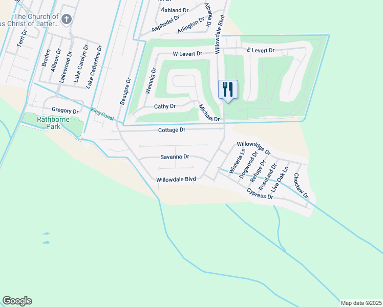 map of restaurants, bars, coffee shops, grocery stores, and more near 108 Savanna Drive in Luling
