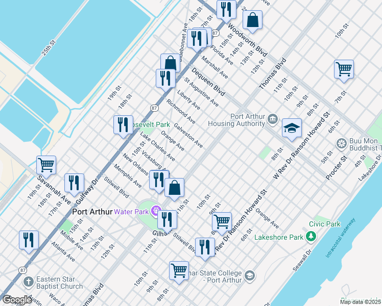 map of restaurants, bars, coffee shops, grocery stores, and more near 1248 Orange Avenue in Port Arthur
