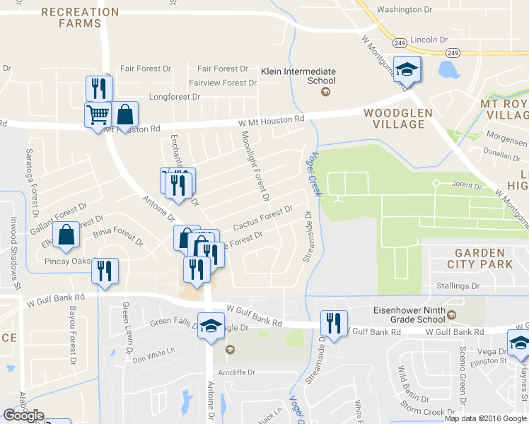 map of restaurants, bars, coffee shops, grocery stores, and more near 5506 Cactus Forest Drive in Houston
