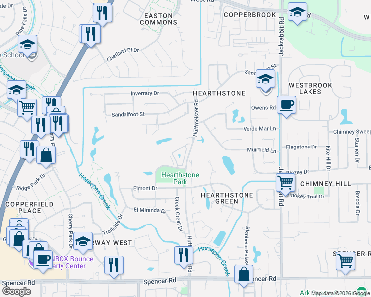 map of restaurants, bars, coffee shops, grocery stores, and more near 7663 Ameswood Road in Houston