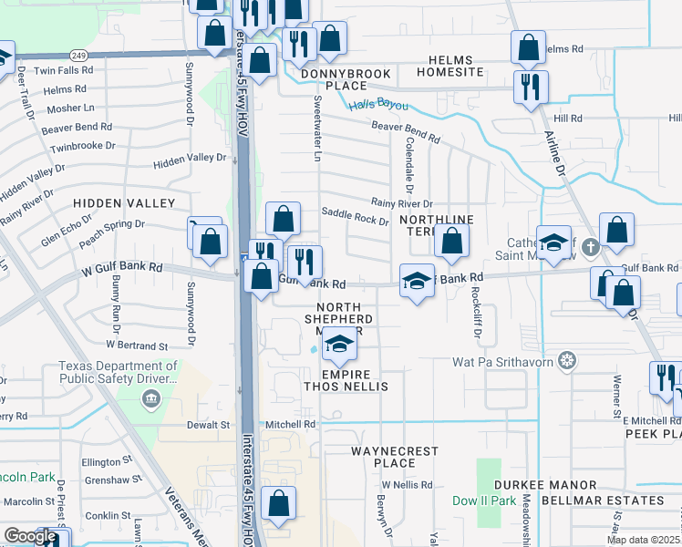 map of restaurants, bars, coffee shops, grocery stores, and more near 530 West Gulf Bank Road in Houston