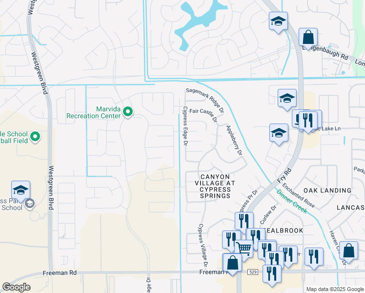 map of restaurants, bars, coffee shops, grocery stores, and more near 20754 Desert Shadows Lane in Cypress