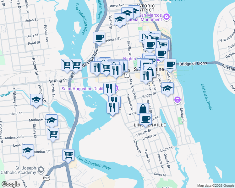 map of restaurants, bars, coffee shops, grocery stores, and more near 124 Bravo Street in St. Augustine