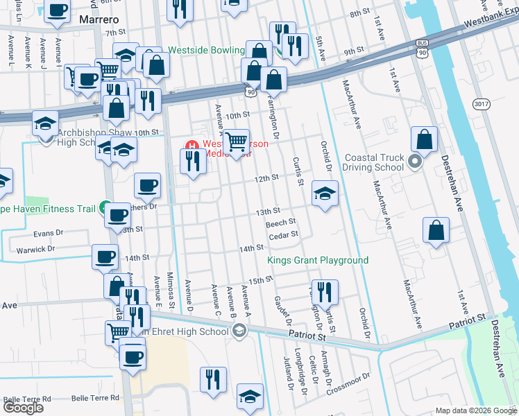 map of restaurants, bars, coffee shops, grocery stores, and more near 1245 Gaudet Drive in Marrero