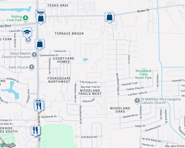 map of restaurants, bars, coffee shops, grocery stores, and more near 8110 Trail Side Drive in Houston