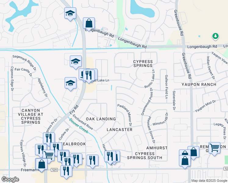 map of restaurants, bars, coffee shops, grocery stores, and more near 7611 River Pines Drive in Cypress