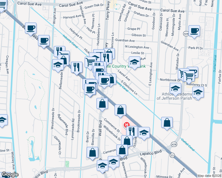 map of restaurants, bars, coffee shops, grocery stores, and more near 2325 Belle Chasse Highway in Terrytown