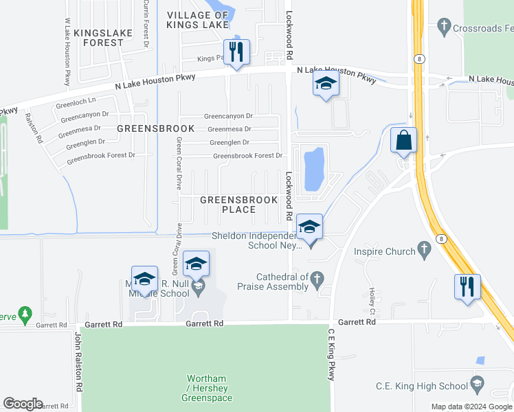 map of restaurants, bars, coffee shops, grocery stores, and more near 11638 Cabot Hill Street in Houston