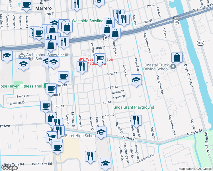 map of restaurants, bars, coffee shops, grocery stores, and more near 1250 Allo Avenue in Marrero