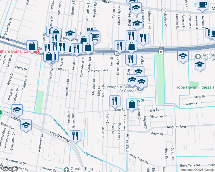 map of restaurants, bars, coffee shops, grocery stores, and more near 6418 Luther Drive in Marrero