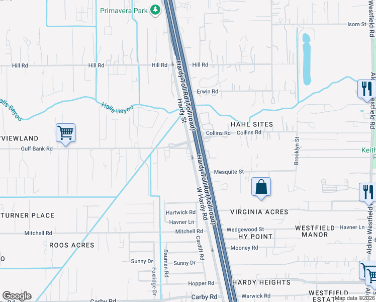 map of restaurants, bars, coffee shops, grocery stores, and more near 12965 West Hardy Road in Houston