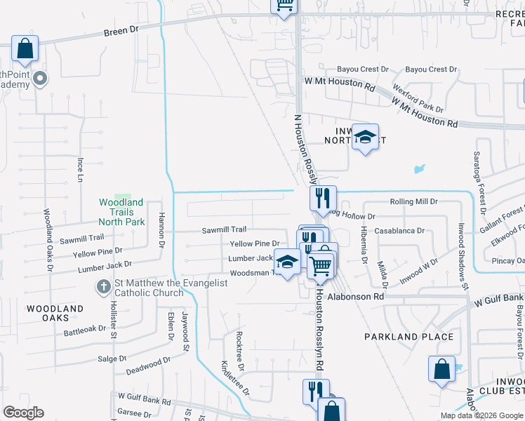 map of restaurants, bars, coffee shops, grocery stores, and more near 7123 Log Hollow Drive in Houston