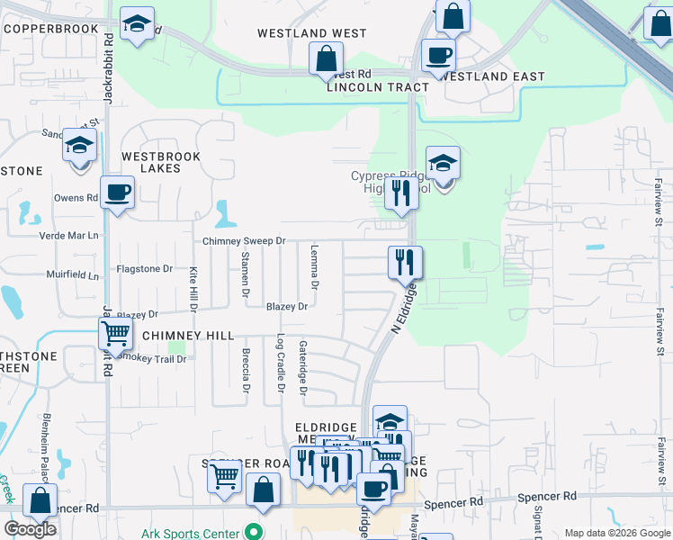 map of restaurants, bars, coffee shops, grocery stores, and more near 7603 Brookleaf Drive in Houston