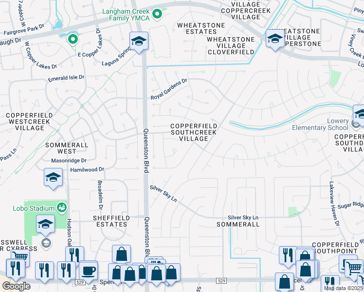 map of restaurants, bars, coffee shops, grocery stores, and more near 16915 Shady Square Court in Houston