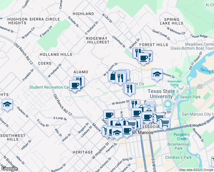 map of restaurants, bars, coffee shops, grocery stores, and more near 749 North Comanche Street in San Marcos
