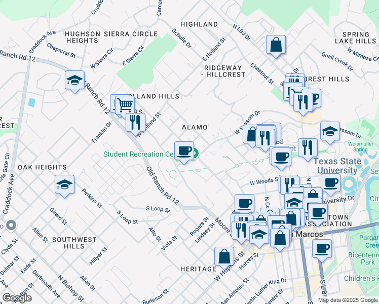 map of restaurants, bars, coffee shops, grocery stores, and more near 1101 Academy Street in San Marcos