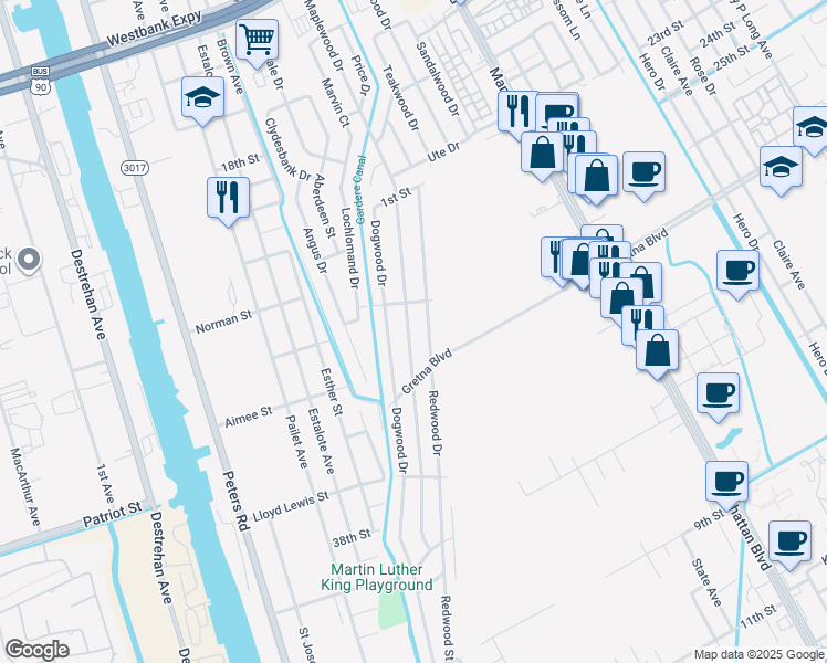 map of restaurants, bars, coffee shops, grocery stores, and more near 1437 Maplewood Drive in Harvey
