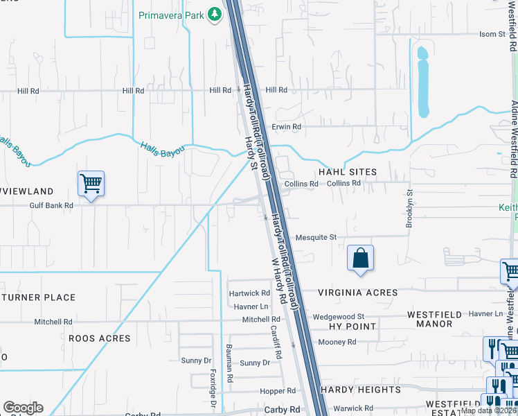 map of restaurants, bars, coffee shops, grocery stores, and more near 12965 West Hardy Road in Houston