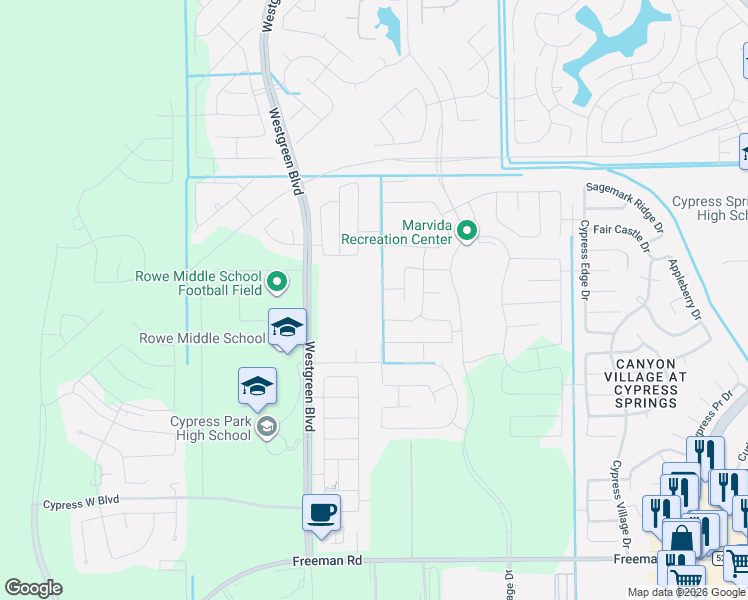 map of restaurants, bars, coffee shops, grocery stores, and more near West Campus Drive in Cypress