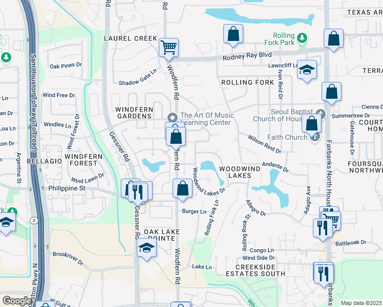 map of restaurants, bars, coffee shops, grocery stores, and more near 9315 Woodwind Lakes Drive in Houston