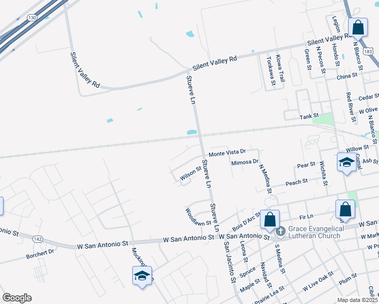 map of restaurants, bars, coffee shops, grocery stores, and more near 1313 Monte Vista Drive in Lockhart