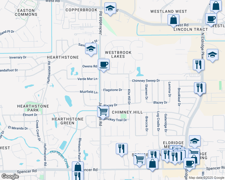 map of restaurants, bars, coffee shops, grocery stores, and more near 13823 Flagstone Dr in Houston