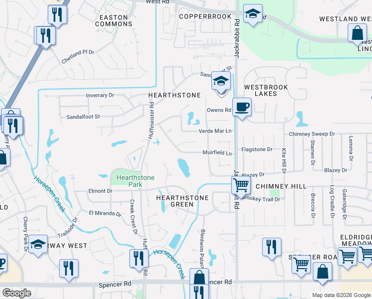 map of restaurants, bars, coffee shops, grocery stores, and more near 14401 Muirfield Lane in Houston
