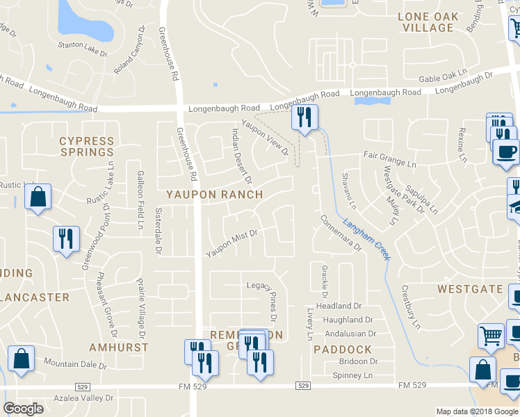 map of restaurants, bars, coffee shops, grocery stores, and more near 19131 Prairie Bluff Drive in Cypress