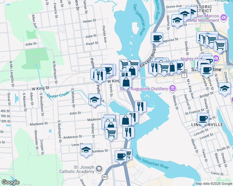 map of restaurants, bars, coffee shops, grocery stores, and more near 33 Davis Street in St. Augustine