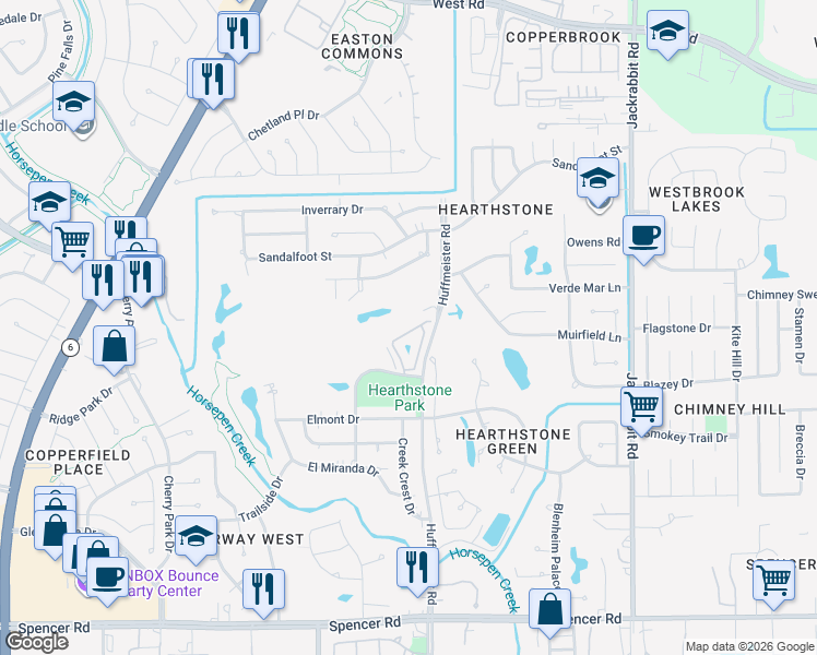 map of restaurants, bars, coffee shops, grocery stores, and more near 7663 Ameswood Road in Houston