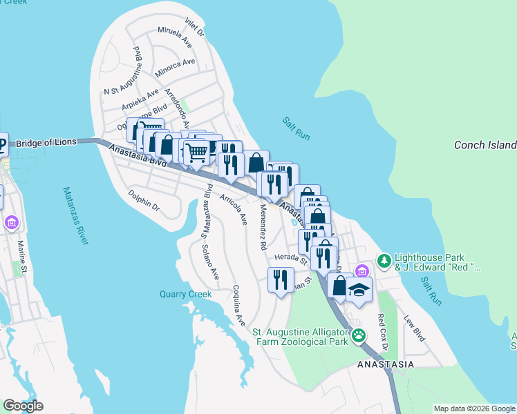 map of restaurants, bars, coffee shops, grocery stores, and more near 16 Menendez Road in St. Augustine