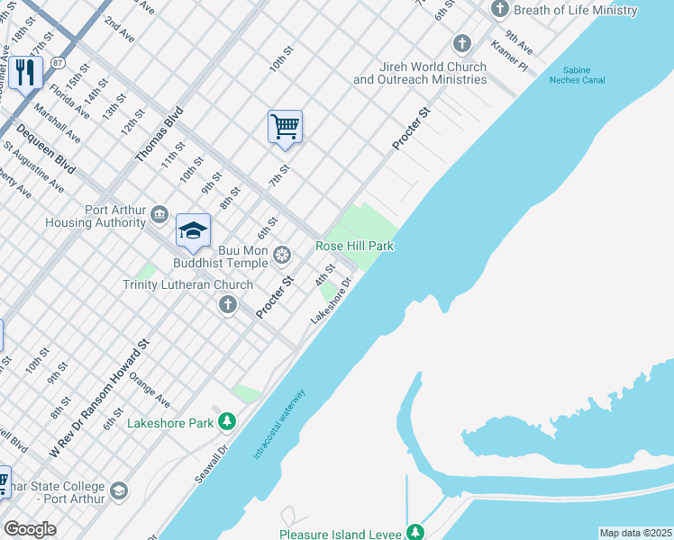 map of restaurants, bars, coffee shops, grocery stores, and more near 100 Woodworth Boulevard in Port Arthur