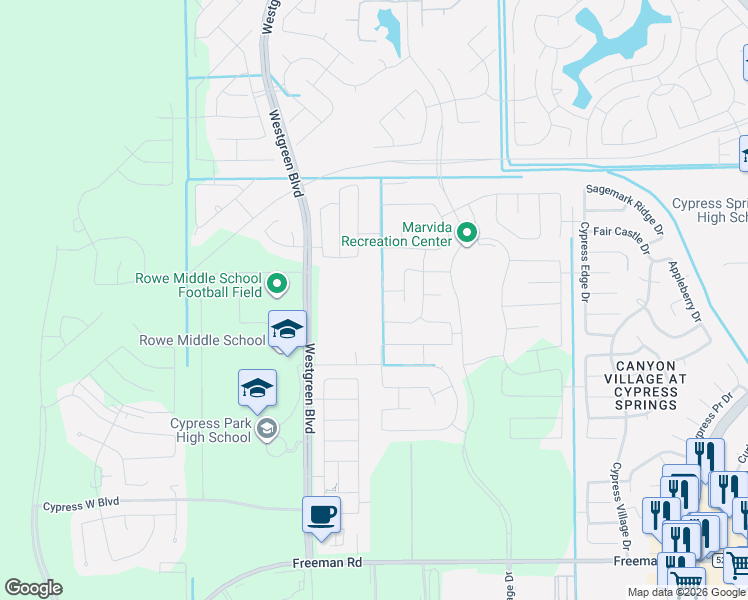 map of restaurants, bars, coffee shops, grocery stores, and more near West Campus Drive in Cypress
