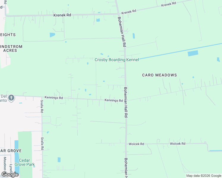 map of restaurants, bars, coffee shops, grocery stores, and more near 2415 Kennings Road in Crosby