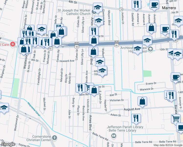 map of restaurants, bars, coffee shops, grocery stores, and more near 1429 Ames Boulevard in Marrero