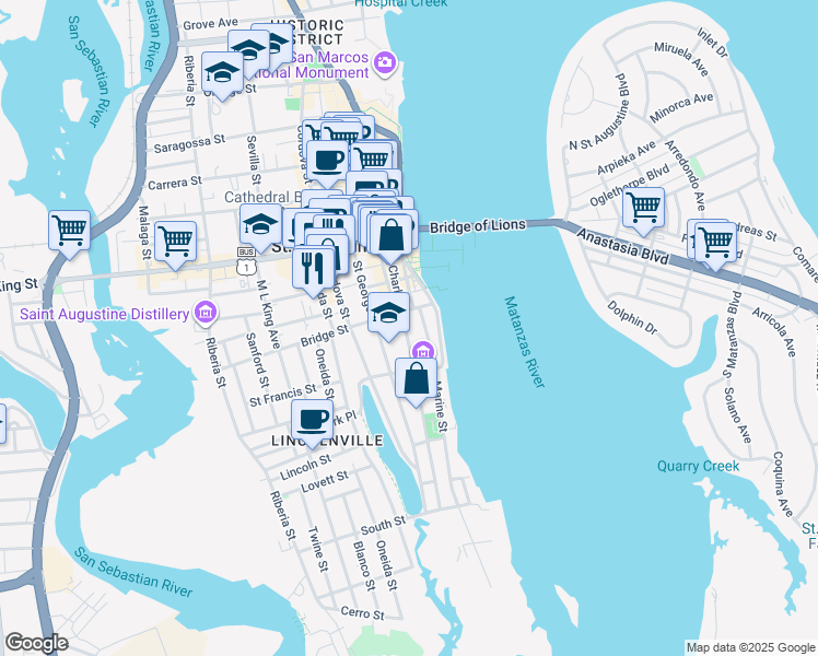 map of restaurants, bars, coffee shops, grocery stores, and more near 257 Charlotte Street in St. Augustine