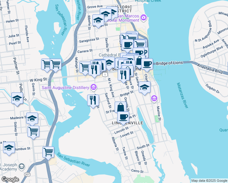 map of restaurants, bars, coffee shops, grocery stores, and more near 90 Bridge Street in St. Augustine