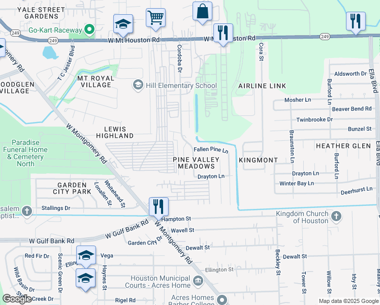 map of restaurants, bars, coffee shops, grocery stores, and more near 10630 Cordoba Pines Drive in Houston