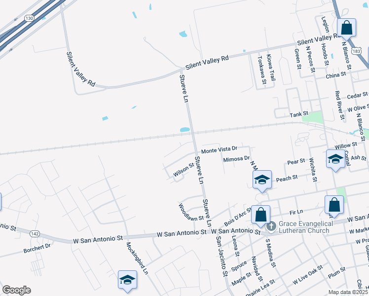 map of restaurants, bars, coffee shops, grocery stores, and more near 1313 Monte Vista Drive in Lockhart