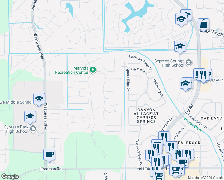 map of restaurants, bars, coffee shops, grocery stores, and more near 7539-7543 Cypress Edge Drive in Cypress