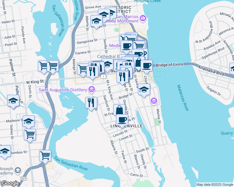 map of restaurants, bars, coffee shops, grocery stores, and more near 90 Bridge Street in St. Augustine