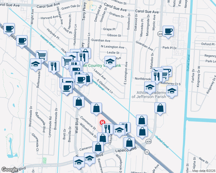 map of restaurants, bars, coffee shops, grocery stores, and more near 2112 South Glencove Lane in Terrytown
