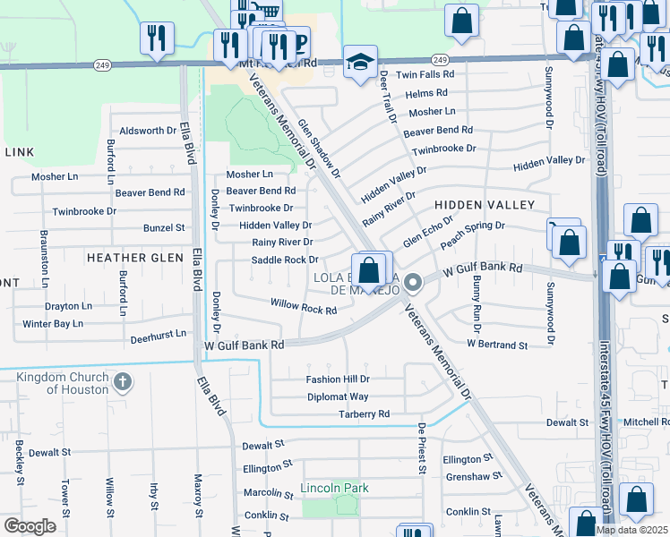 map of restaurants, bars, coffee shops, grocery stores, and more near 1438 Peach Spring Drive in Houston