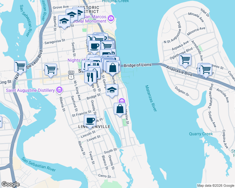 map of restaurants, bars, coffee shops, grocery stores, and more near 257 Charlotte Street in St. Augustine