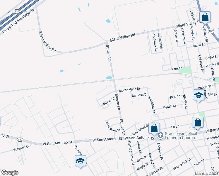 map of restaurants, bars, coffee shops, grocery stores, and more near 1300 Monte Vista Drive in Lockhart
