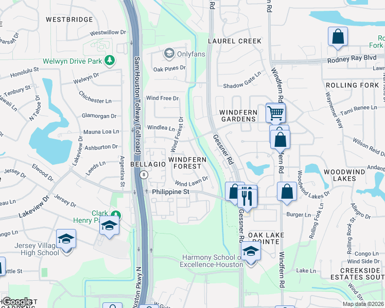 map of restaurants, bars, coffee shops, grocery stores, and more near 8207 Windy Creek Drive in Houston
