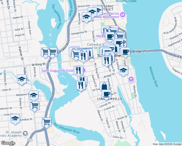 map of restaurants, bars, coffee shops, grocery stores, and more near 41 Sanford Street in St. Augustine