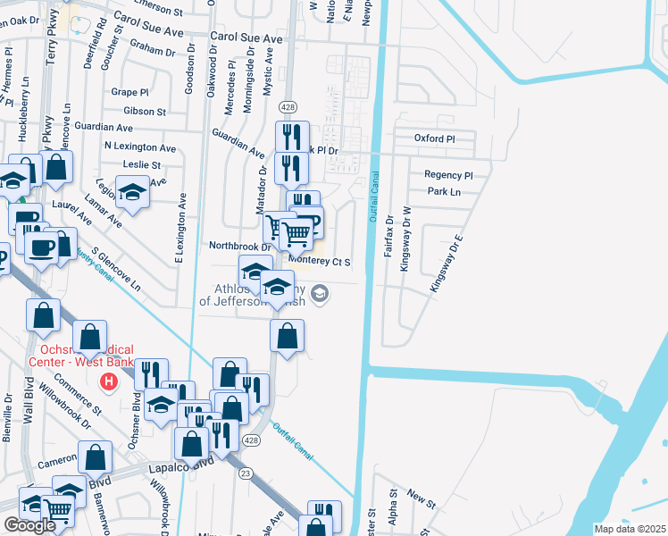 map of restaurants, bars, coffee shops, grocery stores, and more near 2909 Westside Drive in Terrytown